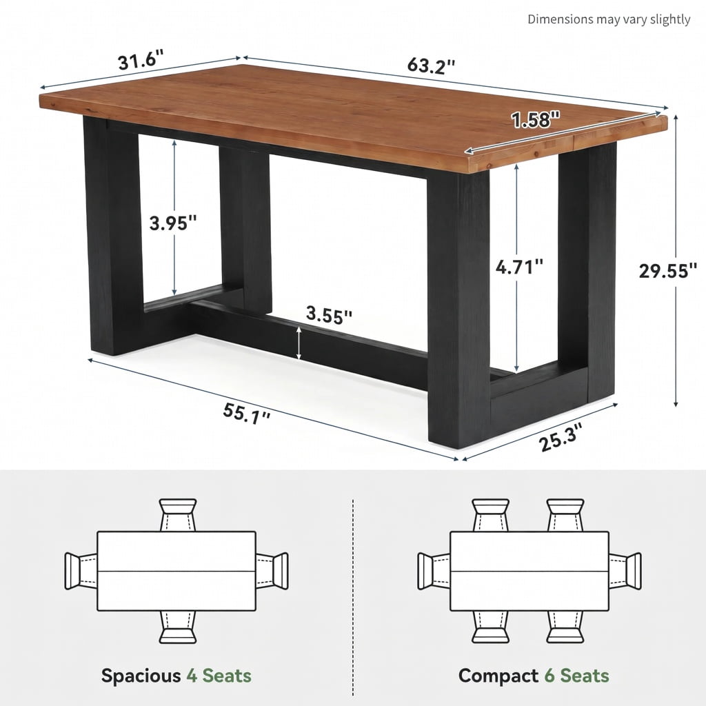 Hommoo 63 Inch Solid Wood Rectangular Dining Table for 6, Farmhouse Kitchen Table with Heavy-Duty Metal Legs, Natural