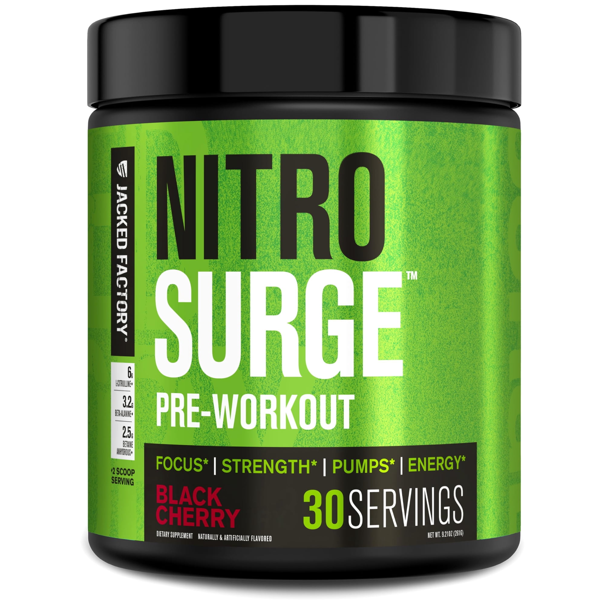 Jacked Factory NITROSURGE Pre Workout Supplement - Endless Energy, Instant Strength Gains, Clear Focus and Intense Pumps - NO Booster & Powerful Preworkout Energy Powder - 30 Servings, Black Cherry