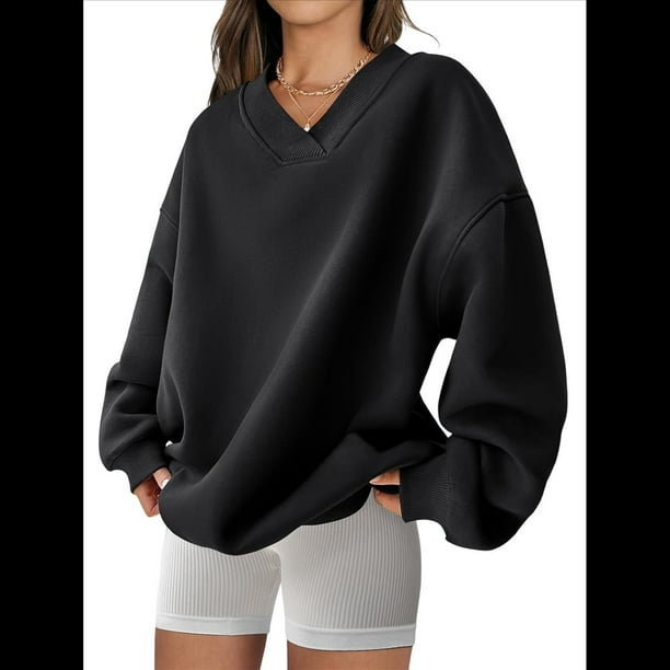 Sudadera de Cuello en V de Gran Tamaño para Mujer, Sudadera de de Larga, Sudadera con Capucha, Tops Cómodos, Ropa 2025 Negro L