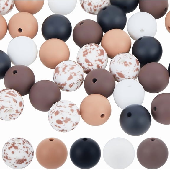 50Pcs 5 Styles 15mm Round Silicone Bead Bubblegum Pen Beads Matte Frosted Opaque Colorful Coffee Ball Gum Chunky Loose Spacer Bead for Beadable Pens Jewelry Making Bracelet Decoration