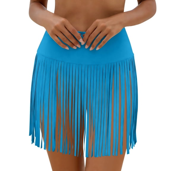 Qingpeng Womens Western Cowgirl Fringe Shorts Women's Solid Color Beach Fringe Half Skirt Swimming Skirt Tassel Bottoms