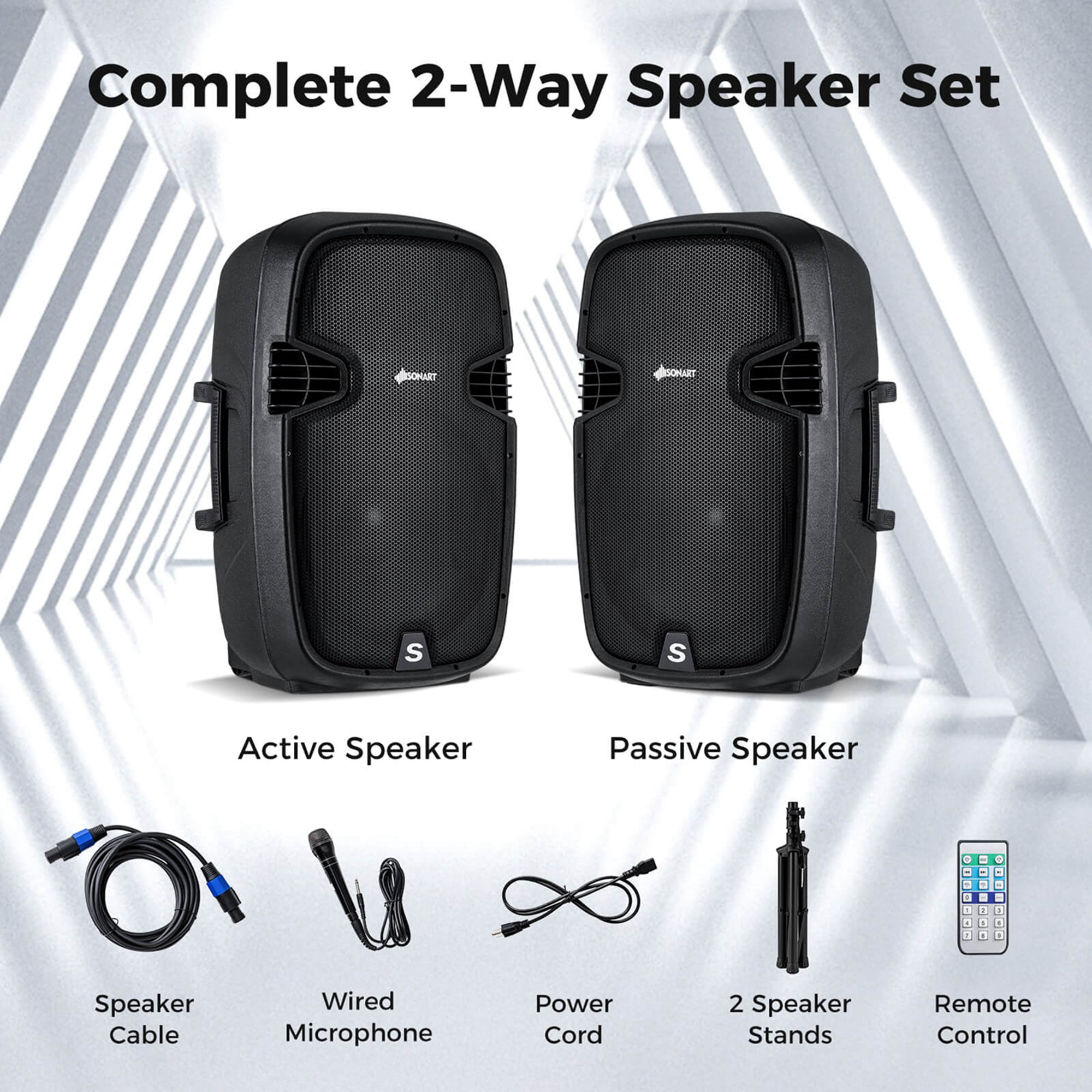 Portable Dual 15" 2-way 2000 W Powered Speakers w/  Stands & Controller