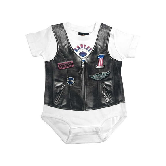 Harley-Davidson Baby Girls' Faux Leather Vest Short Sleeve Creeper (18/24M), Harley Davidson