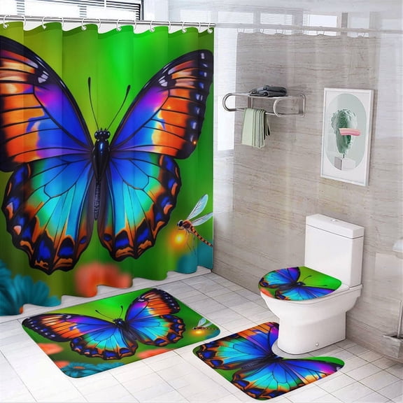 Vibrant Butterfly Wings Print Shower Curtain Bathroom Sets Toilet Lid Rug, Rugs Mat Bath Mat And Contour Mat, Shower Curtain 4Pcs