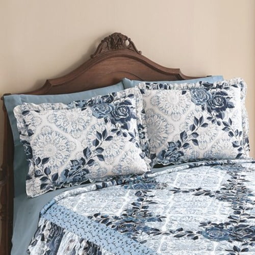 Navy Rose Floral Medallion Printed Ruffle Bed Pillow Sham ...
