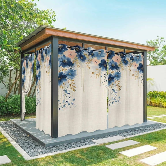 Outdoor Curtains for Patio Waterproof, Navy Blue Spring Floral Outdoor Privacy Panels Grommet, Farmhouse Butterfly Rustic Blackout Outside Curtains for Porch/Cabana/Pergola/Gazebo 54"x84", 1 Panel