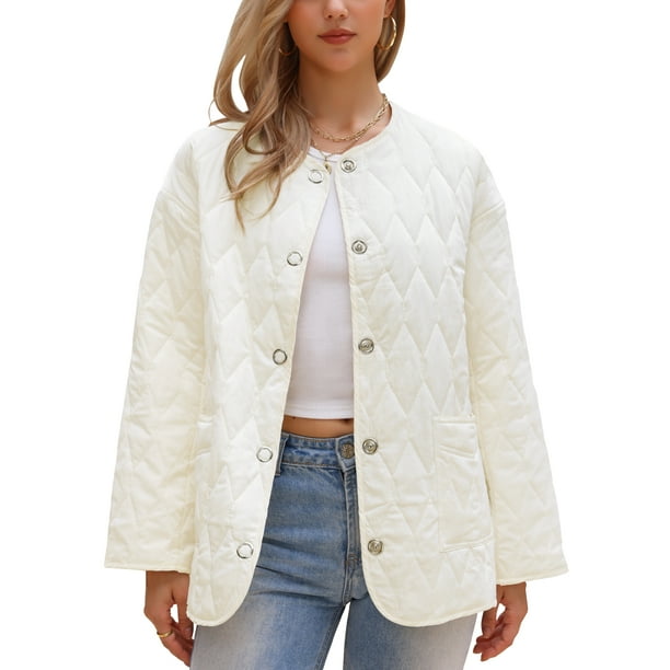 CHAQUETA PUFFER ELEGANTE INSPIRE CHIC PARA MUJERES, DE MANGA LARGA, CON BOTONES A PRESIÓN, CHAQUETAS DE PLUMÓN TALLA XS, BLANCA