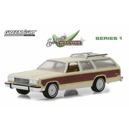 1961 Ford Country Squire - 1985 Ford LTD Country Squire with Roof Rack and Wood Paneling, Cream - Greenlight 29910F/48 - 1/64 Scale Diecast Model Toy Car