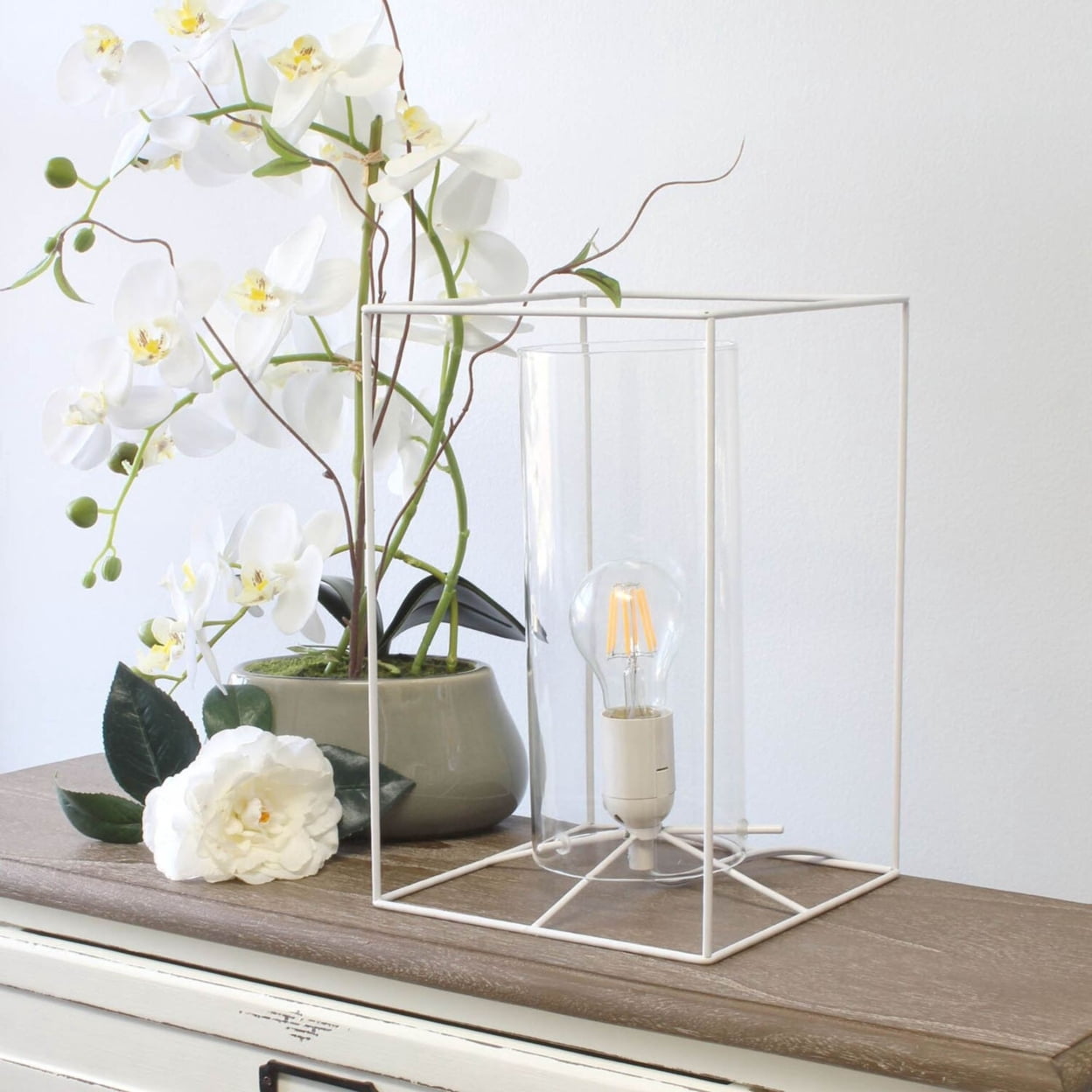 Elegant Designs Large Exposed Glass And Metal Table Lamp, White, Clear