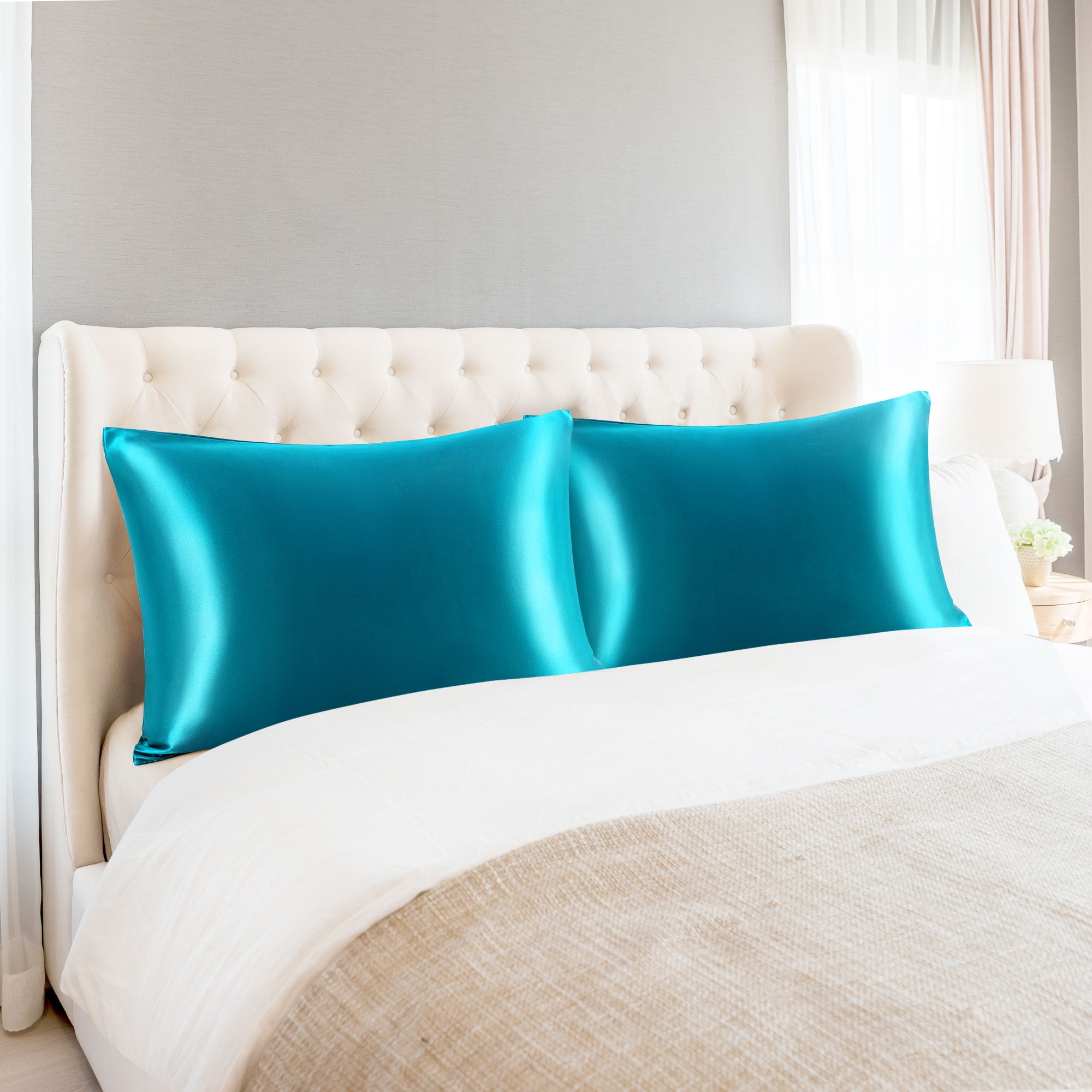 Unique Bargains Set of 2 Durable Soft Enveloped Closure Satin Pillowcase Peacock Blue Queen(20"x30")