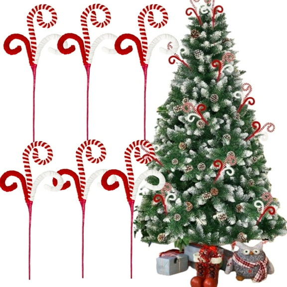6Pcs Christmas Tree Decorations Picks 11.8inch Christmas Tree Woolen Candy Curly Pick, Christmas Tree Decorations Home Office Vase Party Ornaments (Red & White)