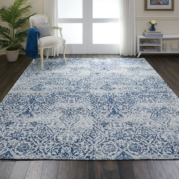 Nourison Damask Vintage Damask Ivory/Navy Area Rug