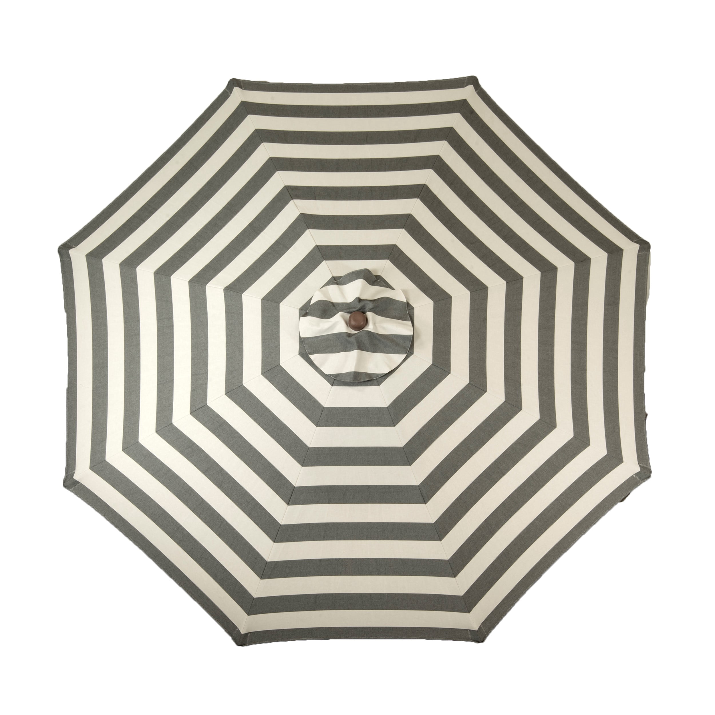 Classic Wood 9 ft Round Market Umbrella Stripe Soft Black and Ivory