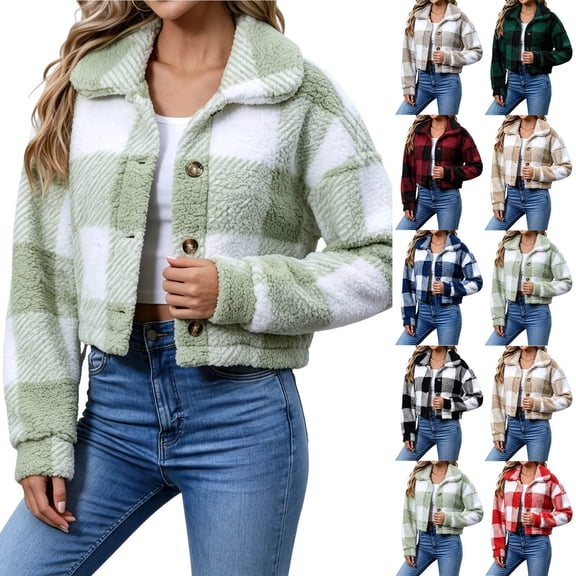 Tqcoqu Women's Plaid Jackets Long Sleeve Button Front Lapel Fuzzy Fashion Warm Winter Cropped Sherpa Coat