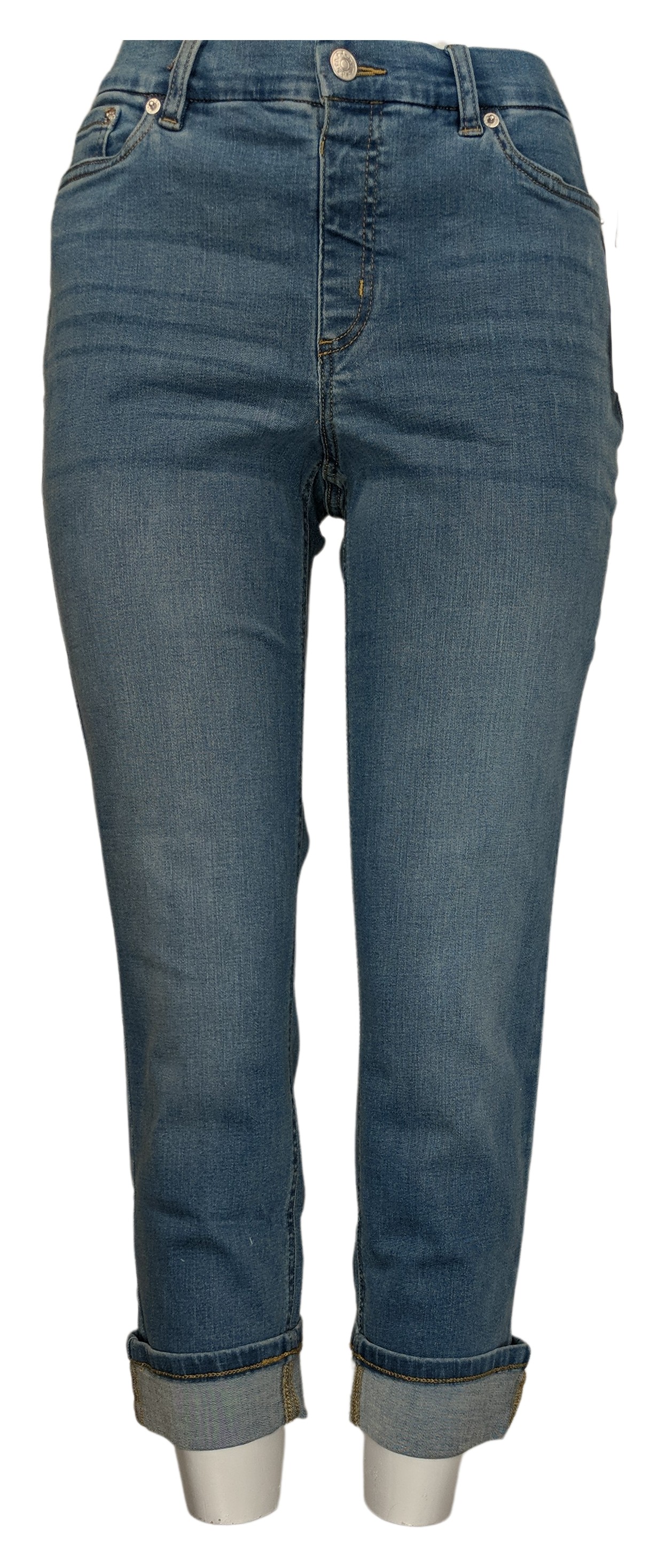 Denim & Co. Women's Petite Jeans 10P Easy Cuffed Slim Straight Blue