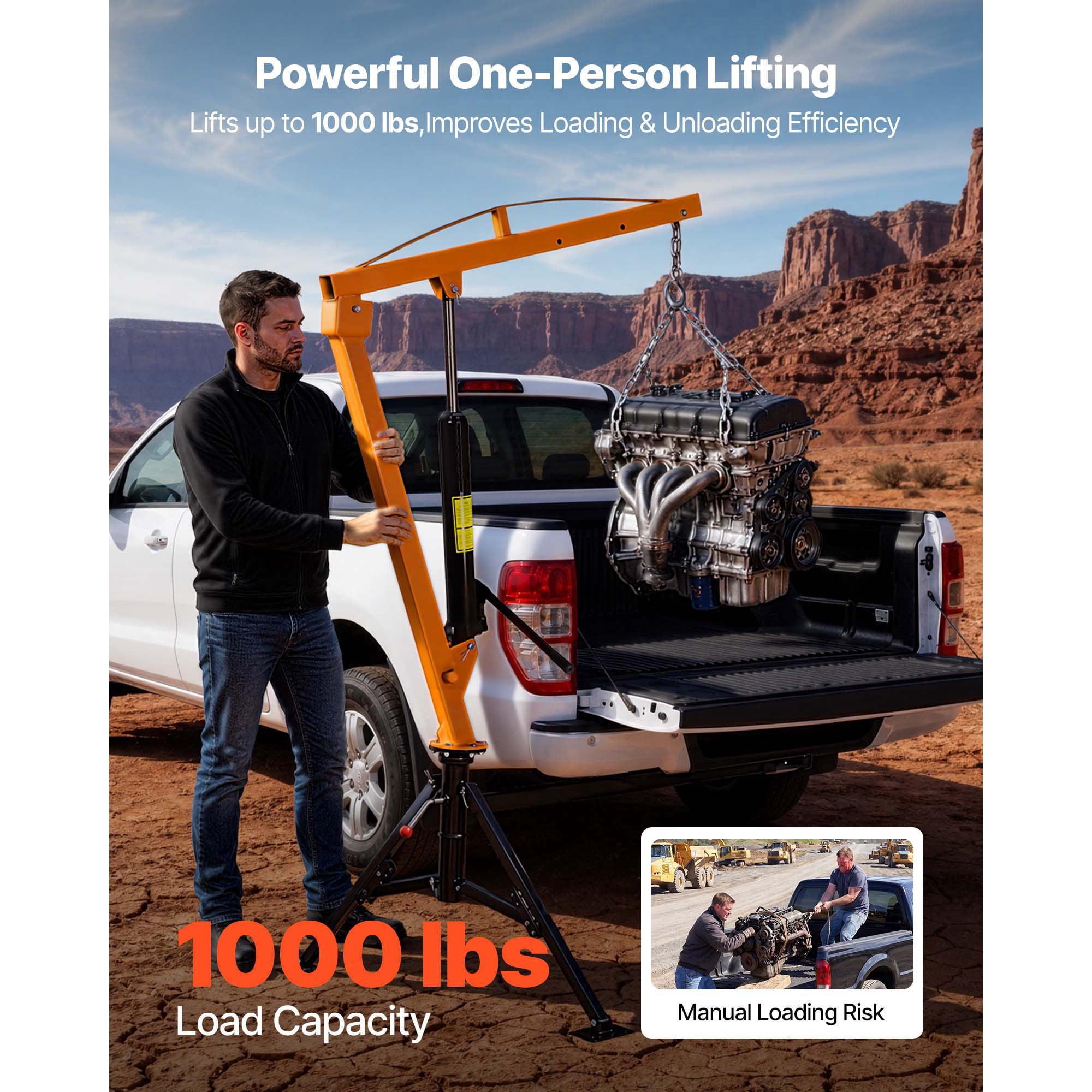 KFFKFF Truck Crane, 1000 lbs Capacity, Trailer Hitch Mounted with Manual Hydraulic System, 360° Rotating Telescopic Boom, Foldable Design for Lifting Machinery and Lumber