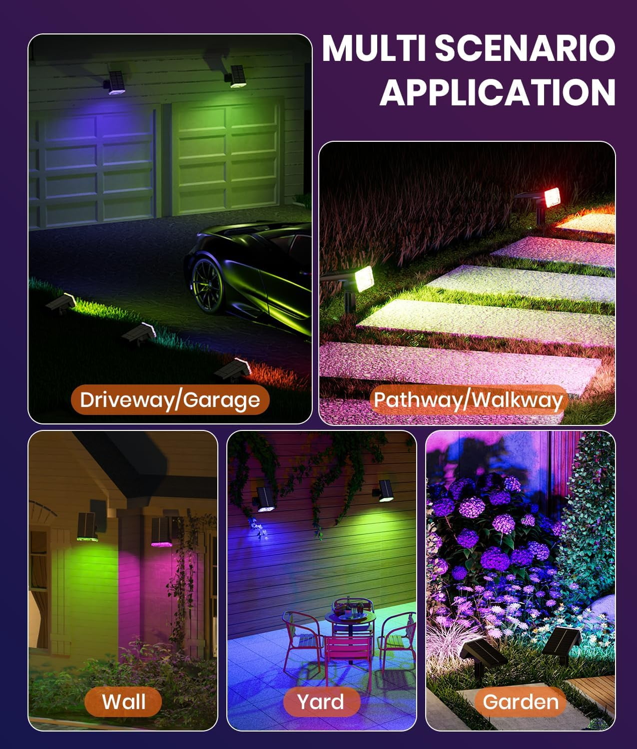 NestE Solar Spot Lights Outdoor 2-Pack Multicolor IP65 Waterproof RGB - 6 Colors,2 Modes,105° Adjustable 58 LED Flood Lights,Solar Powered Spotlights for Yard,Garden, House&Landscape Lighting Outside