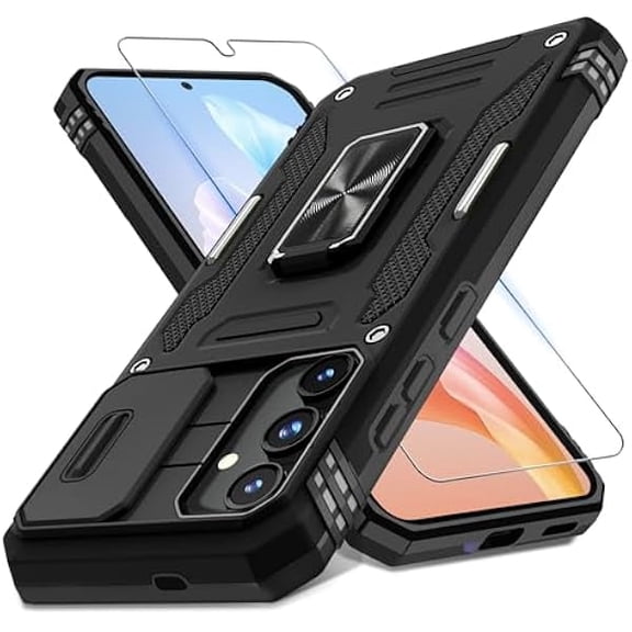 Case for Samsung Galaxy S24 Plus with Slide Camera Cover Screen Protector (1 Pack), Rotated Ring Kickstand Military Grade Shockproof Protective Cover-Black