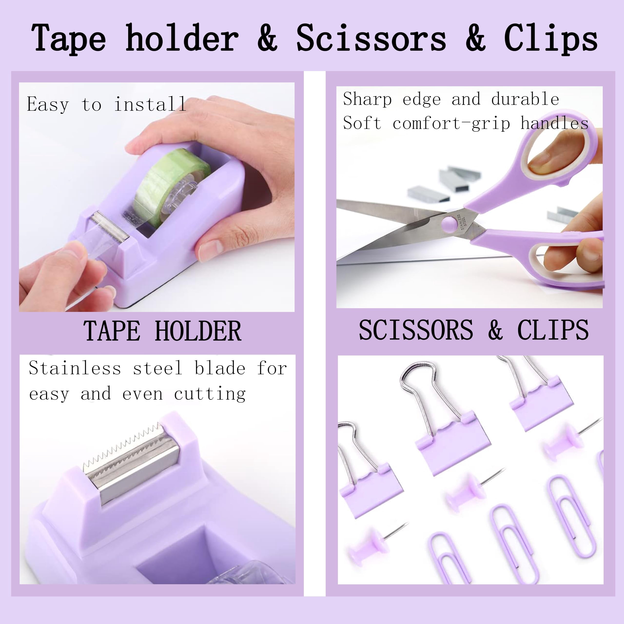 Purple Office Desk Accessories Supplies  12pcs Organizers And With Tape Dispenser Stapler Staples Staple Remover Pen Holder Scissor Ruler Sticky Tabs Ballpoint Clips Set