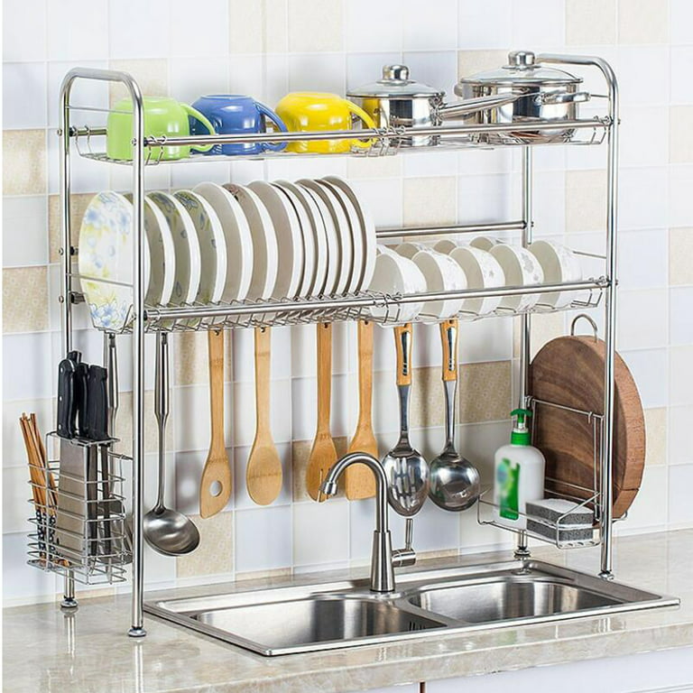 WEPSEN Double Layer Dish Rack, Stainless Steel Dish Drying Rack with Hooks,  Multifunctional Kitchen Organization, Over The Sink Dish Drying Rack, Home  Kitchen Dish Rack Organizer, Silver 