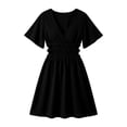 thumbnail image 4 of Nmnitkp Dresses for Women Summer Casual Dress, V Neck Flare Short Sleeve Cutout Waist Smocked Crinkle Fabric A Line Mini Dress, Solid Dress for Beach Vacation & Daily Wear Black,S, 4 of 9