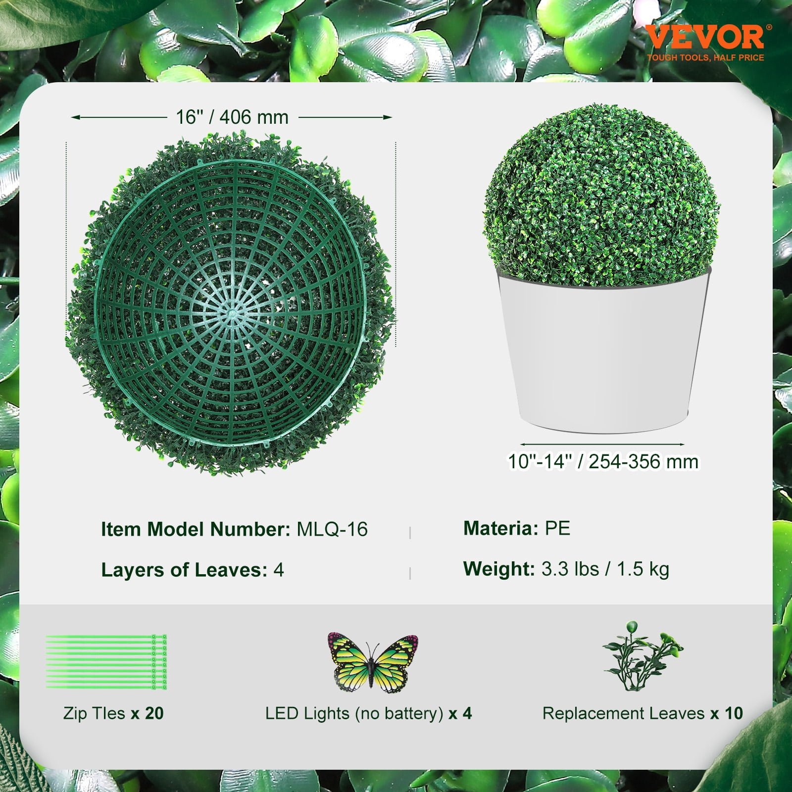 VEVOR 16" Artificial Topiary Greenery Ball Fake Plants Outdoor Indoor Décor