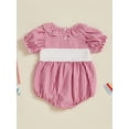 thumbnail image 6 of BemeyourBBs Newborn Baby Girl 4th of July Outfit Patriot Independent Day Clothes Smocked Bubble Romper Gingham Plaid Short Puff Sleeve Ruffled USA Flag Embroidery Bodysuit Jumpsuit, 6 of 9