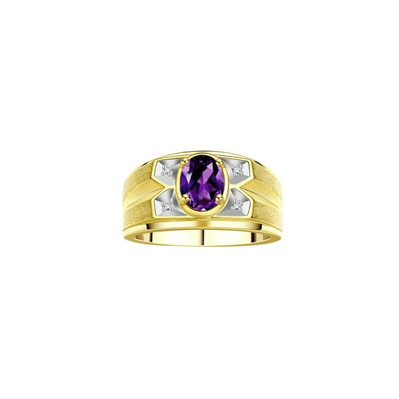 RYLOS Men's Rings Yellow Gold Plated Silver Rings Classic Designer Style 8X6MM Gemstone & Diamond Ring Amethyst February Birthstone Rings For Men, Size 8