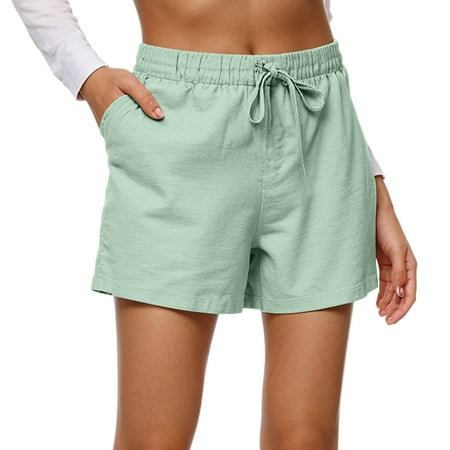 Prdecexlu Linen Shorts for Women Elastic Waist Casual Wide Leg Summer Bike Short Lounge Drawstring Running Solid Color Athletic Shorts with Pockets Light Green S