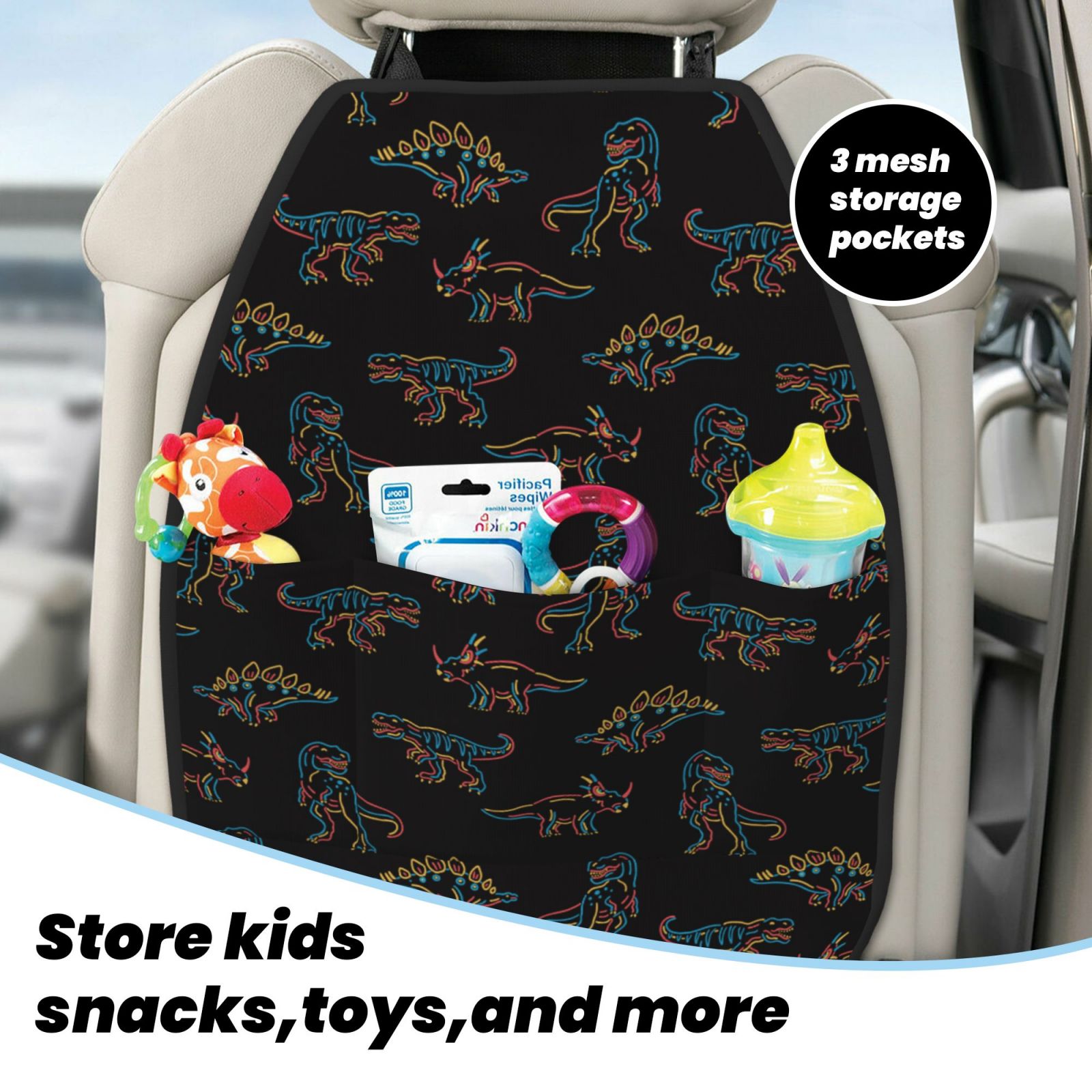 Xecao Neon Dinosaur Pattern Car Seat Back Protector 2 Pack Large Capacity Pocket, Kick Mats Back Seat Protector