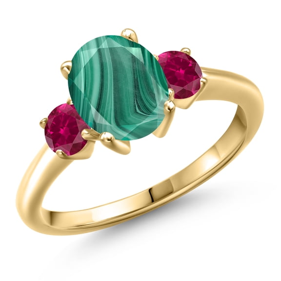 Gem Stone King 10K Yellow Gold Green Malachite and Red Created Ruby Engagement Ring for Women | 3.00 Cttw | Oval 9X7MM | Gemstone Birthstone | Size 9