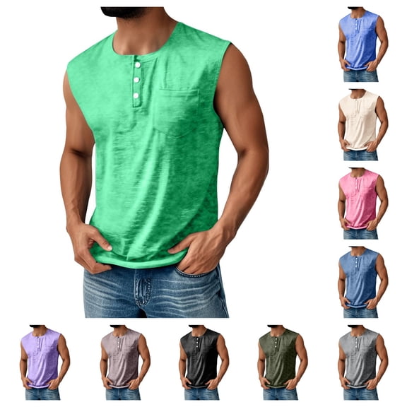 Domuza Sleeveless Shirts for Men Distressed Washed Tank Tops Henley Button Down Polo Shirt Vintage Solid Tee Top with Pocket Green M