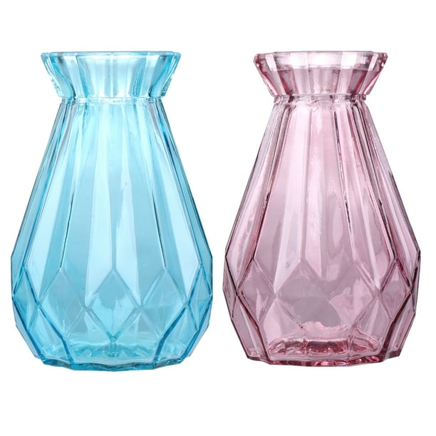 2 jarrones de vidrio transparente, floreros artísticos de escritorio, modernos y elegantes, para el hogar (azul y morado)