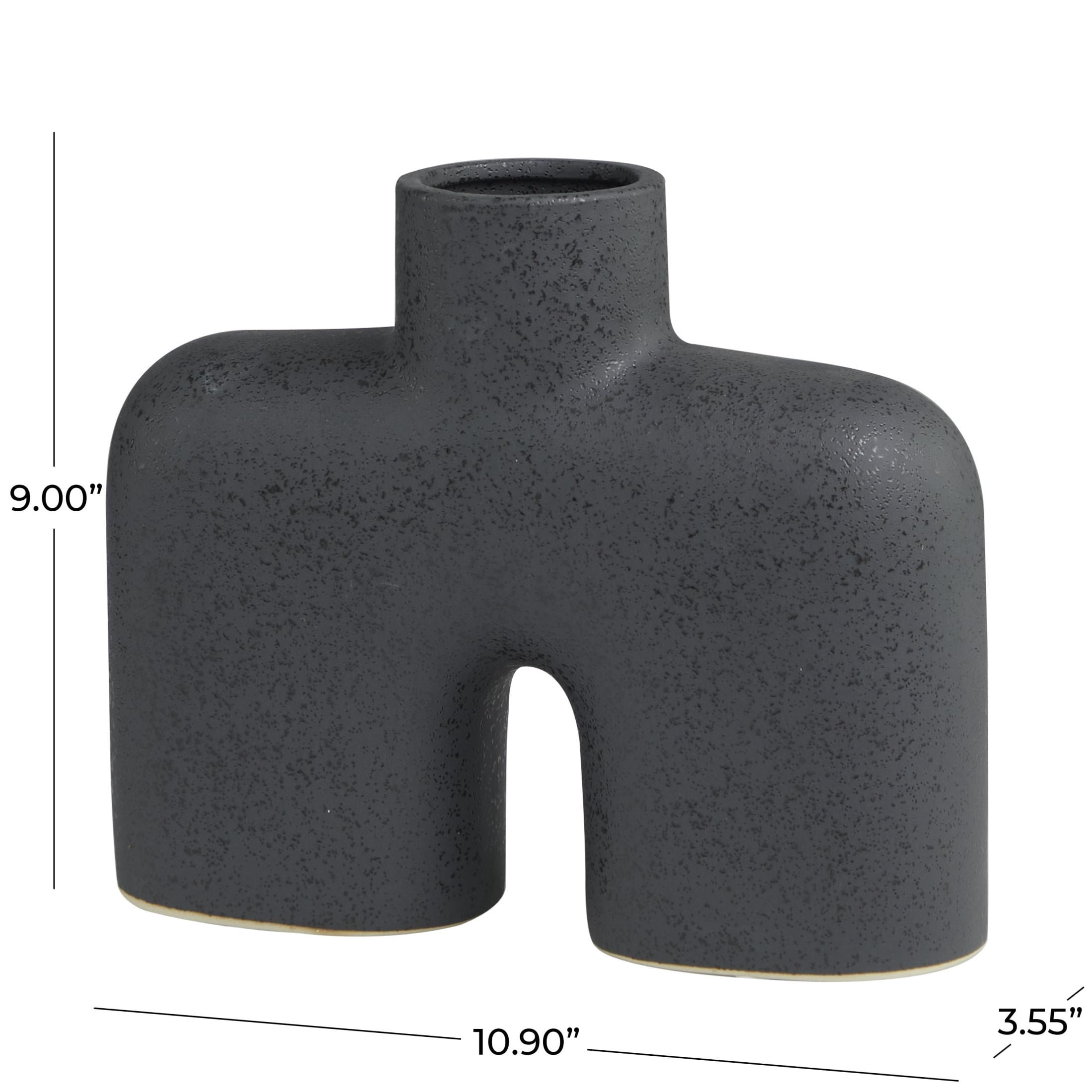 DecMode 9" Abstract Short Rounded Arched Black Ceramic Vase with Glossy Speckled Texture