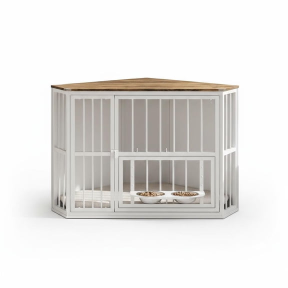 Corner Dog Crate Furniture for Small Breeds – Wooden Indoor Kennel End Table with 360° Rotating Door, Stainless Steel Bowls