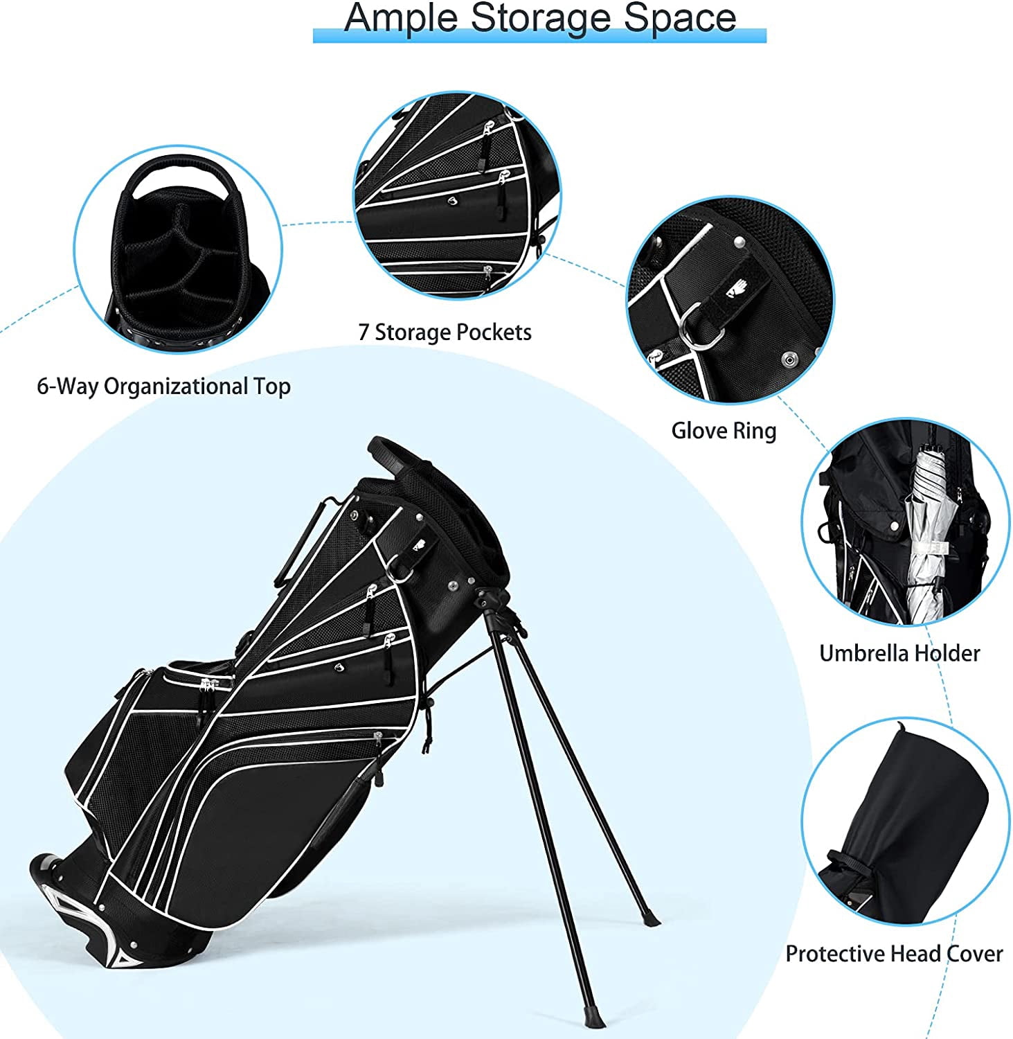 Golf Stand Bag with 6 Way Top Dividers, Lightweight Golf Bag with Adjustable Dual Strap & 8 Pockets, Waterproof Rain Hood, Portable for Men Women