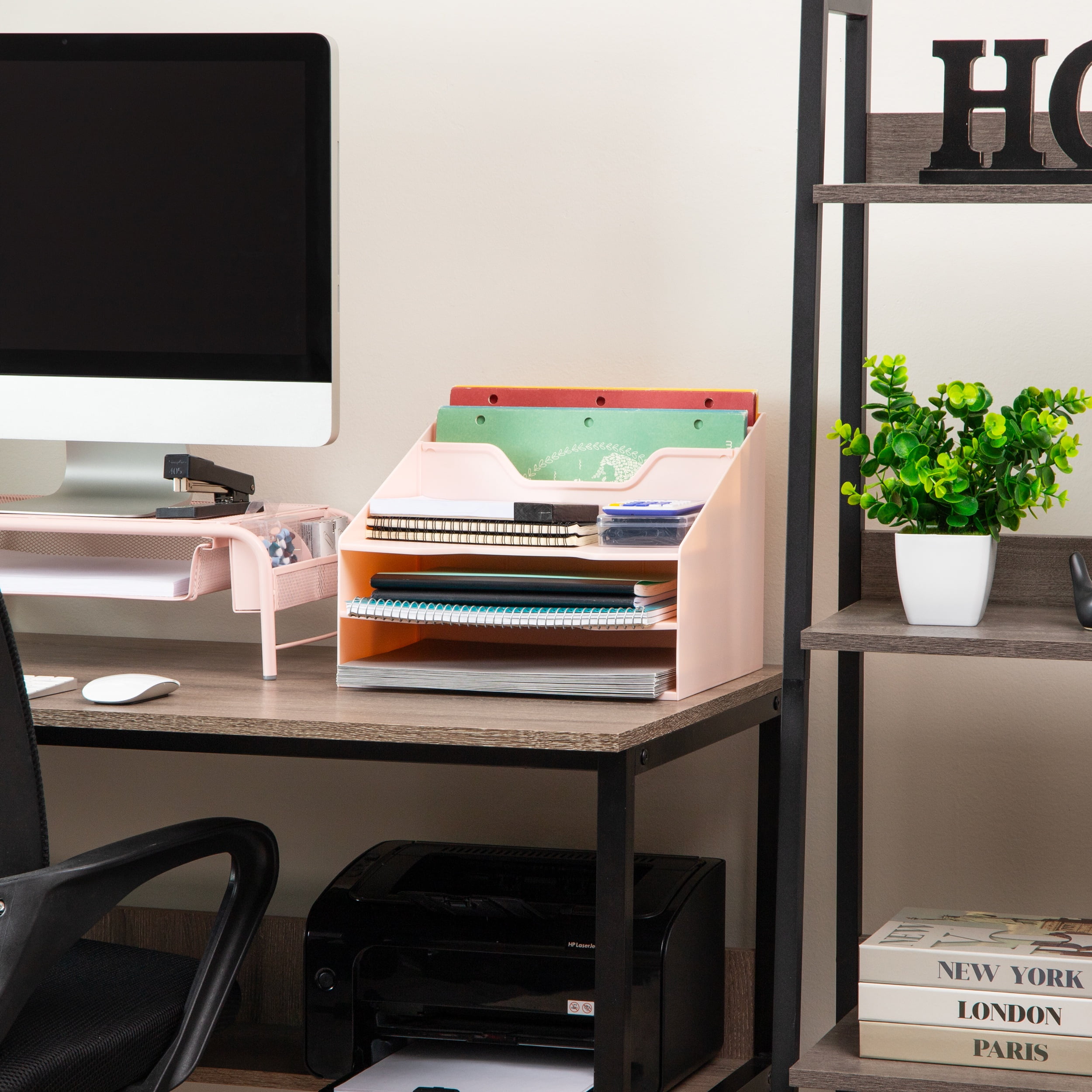 Mind Reader Desktop Organizer, Vertical File Holder, Paper Trays, Office, Plastic, 12.5"L x 11.75"W x 9.5"H, Pink