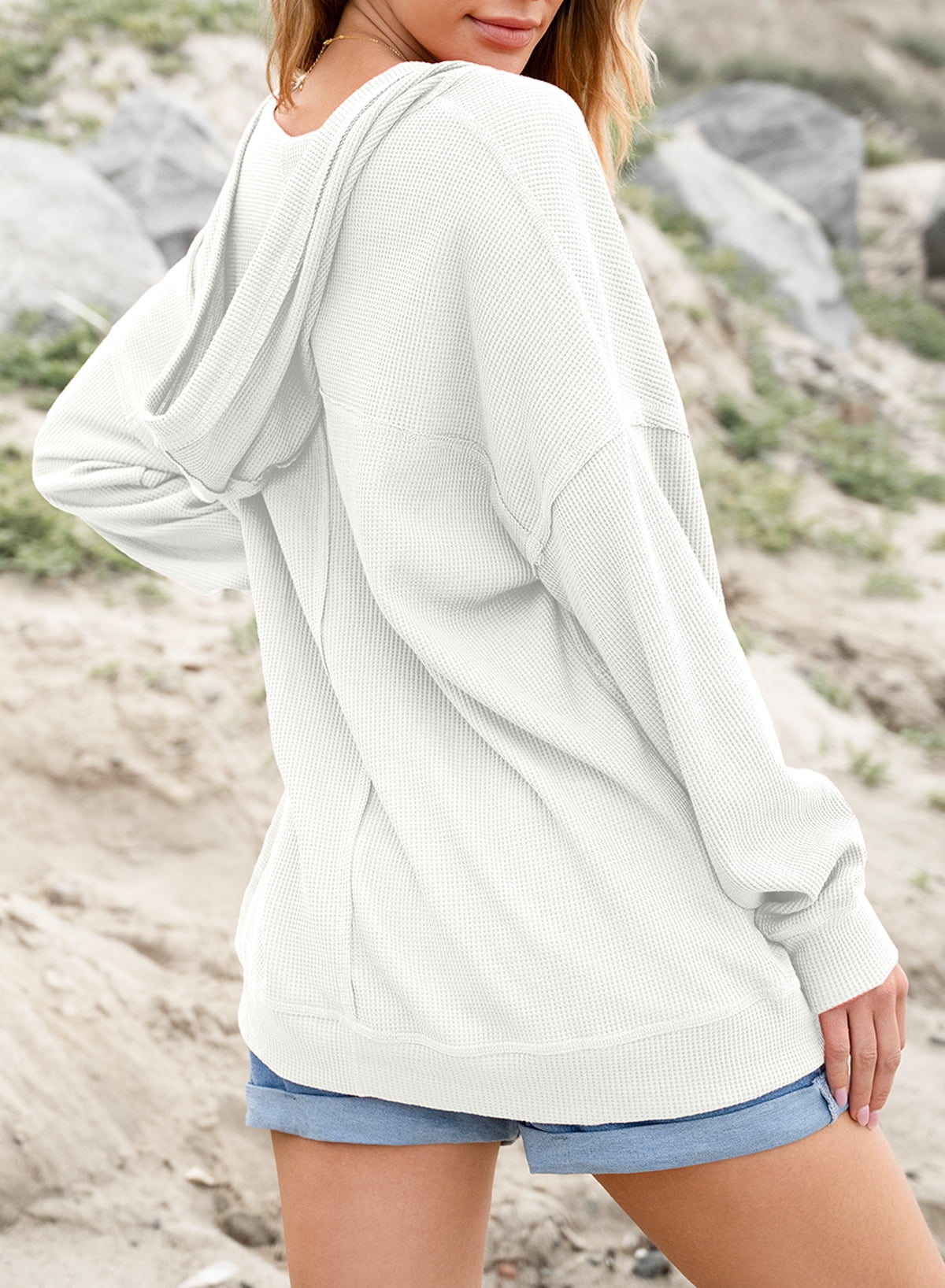 DOKOTOO Women Hoodies Oversized Drawstring Waffle Hooded Sweatshirt Casual Long Sleeve V Neck Waffle Knit Tops S-2XL