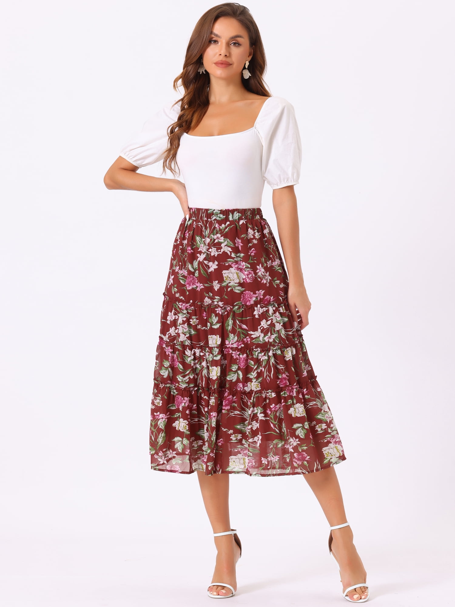 DARING DIVA Women's Chiffon Tiered A-Line Maxi Skirt M Burgundy