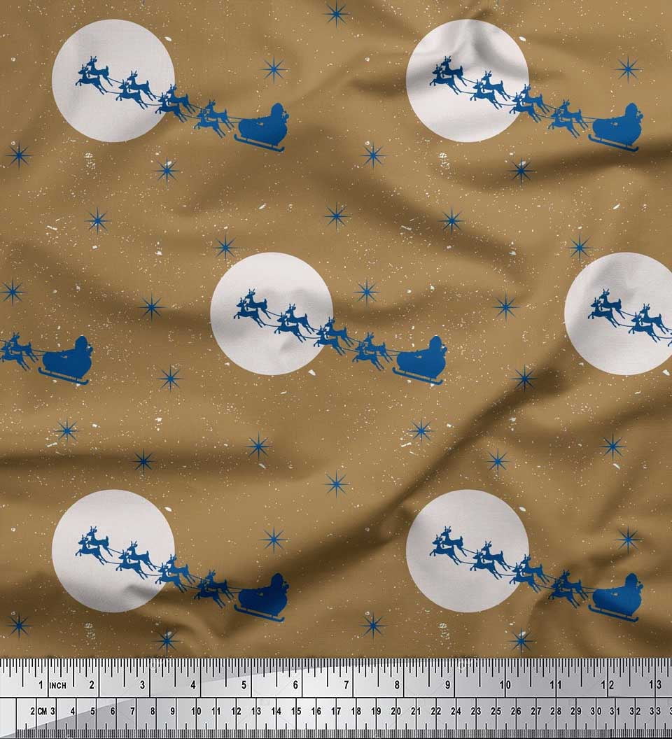 Soimoi Brown Heavy Satin Fabric Snowflake,Reindeer & Sleigh Christmas Fabric Prints By Yard 54 Inch Wide