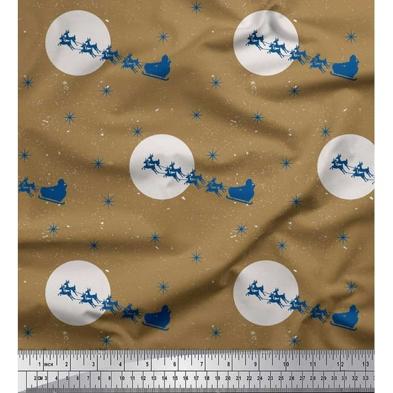 Soimoi Brown Georgette Viscose Fabric Snowflake,Reindeer & Sleigh Christmas Print Fabric by the Yard 42 Inch Wide