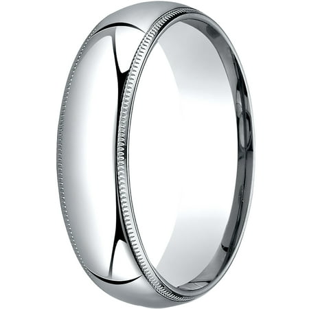 - Mens 10K White Gold, 6mm Slightly Domed Comfort-Fit Wedding Band with Milgrain
