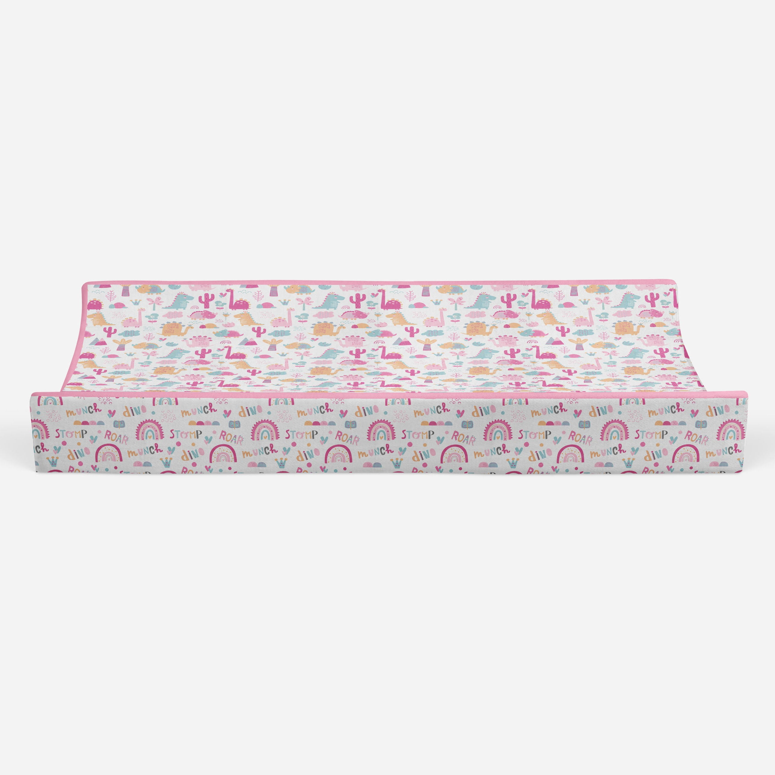 Bacati - Muslin Quilted Changing Pad Cover, Little Dino Girls Pink/Fuchsia/Aqua/Orange