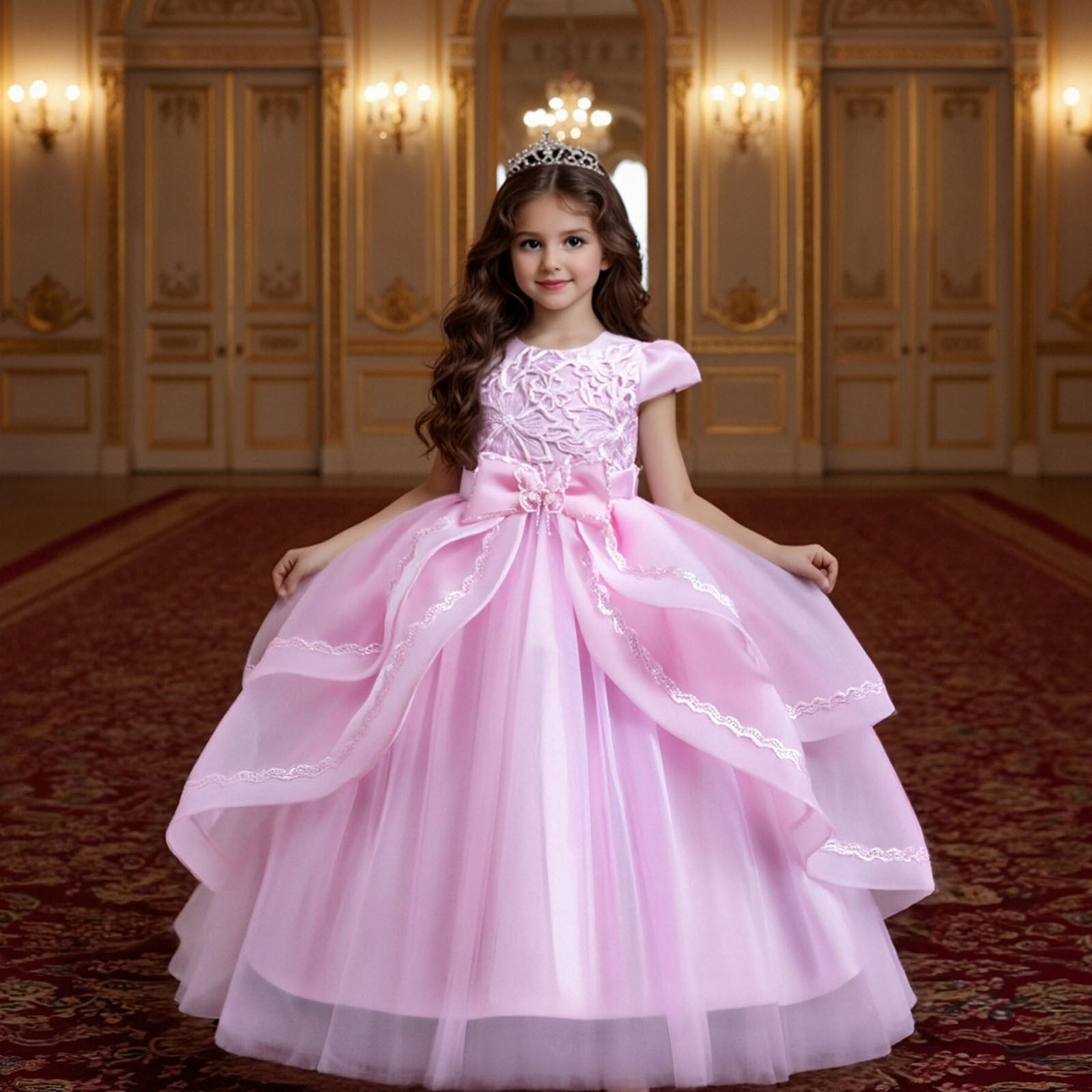 Girls' Dress with Sequins and Floral Embroidery Formal Party Dress Princess Puffy Dresses for Children Gown