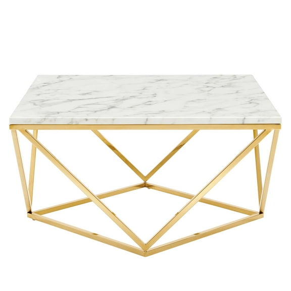 Coffee Table, Square, Artificial Marble, Metal Steel, Gold White, Modern Contemporary Urban Design, Living Lounge Room Hotel Lobby Hospitality