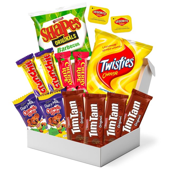 Australian Snack Gift Box (29 Units) Best Australian Candy and Food Products Packed with Aussie Candy Classics including Tim Tams, Arnott’s, Twisties, Cherry Ripe and Much More