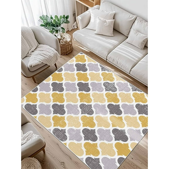 Moroccan Area Rug for Bedroom 3x5 Ft Yellow Gray Geometric Retro Super Soft fuzzy Throw Rug Non-Slip Fluffy Plush Indoor Floor Carpet for Living Room Nursery Home Decor