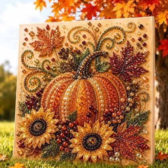 Fall Pearl Diamond Art Painting Kit 11.8 Inch Thanksgiving Craft for Adults, Autumn Harvest DIY with Squirrel Fox Pumpkin, Complete Set(D)