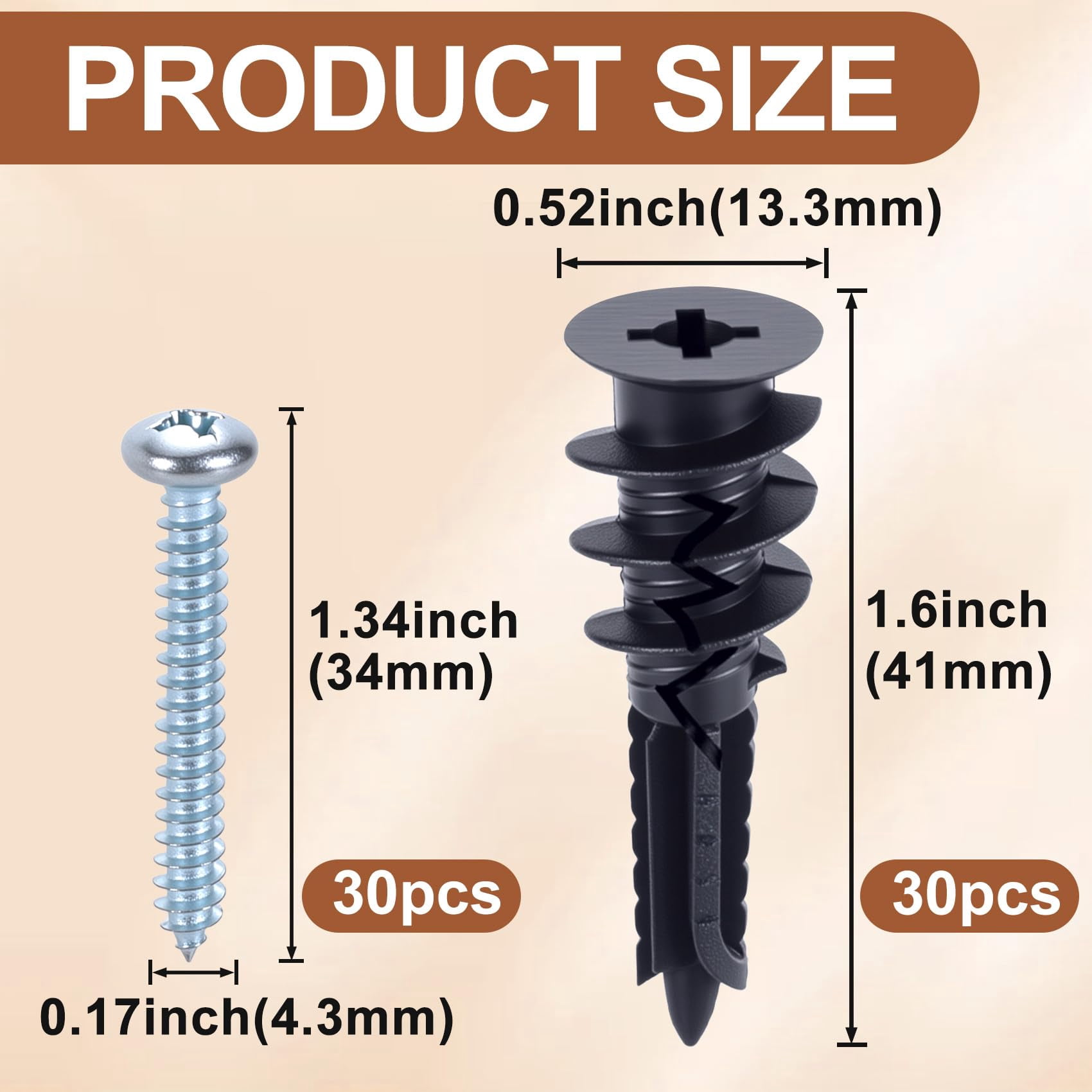 40pcs Self-Drilling Anchors with Screws, Heavy Duty Drywall Anchors Screws Kits, Metal Dry Wall Anchors for Shelves, Clocks, Home Decoration - Black