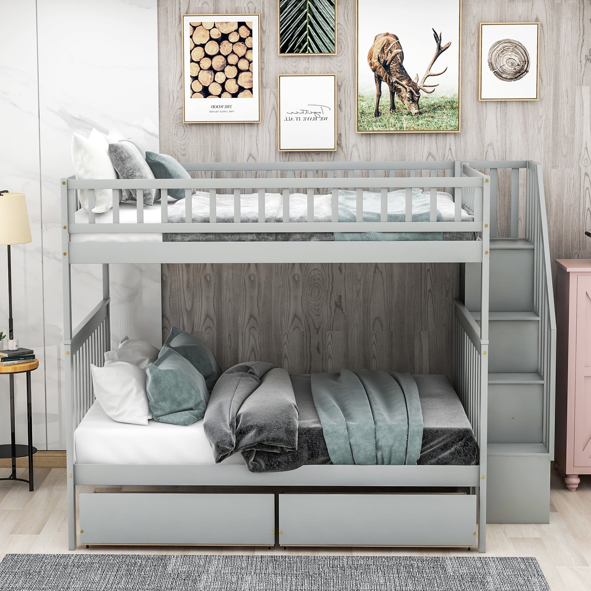 EUROCO Full over Full Bunk Bed with 2 Drawers and Storage